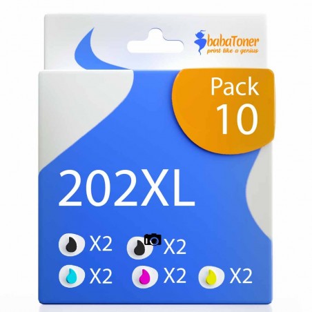 Pack de 10 cartouches compatibles 202XL Epson 2 noirs photo, 2 noirs, 2 cyan, 2 magenta, 2 jaune Pack de 10 cartouches compatibles 202XL Epson 2 noirs photo, 2 noirs, 2 cyan, 2 magenta, 2 jaune