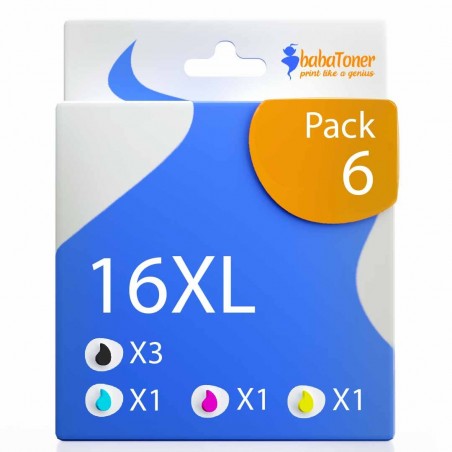 Pack de 6 cartouches compatibles 16XL Epson 3 noirs, 1 cyan, 1 magenta, 1 jaune Pack de 6 cartouches compatibles 16XL Epson 3 noirs, 1 cyan, 1 magenta, 1 jaune