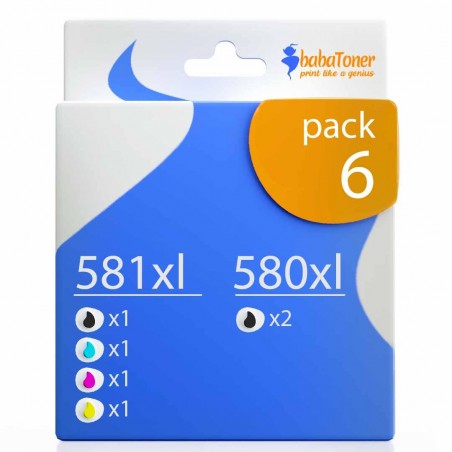 compatible Canon PGI-580 CLI-581 Pack de 6 cartouches d'encre Noir, Noir pigmenté , Cyan , Magenta , Jaune compatible Canon PGI-580 CLI-581 Pack de 6 cartouches d'encre Noir, Noir pigmenté , Cyan , Magenta , Jaune